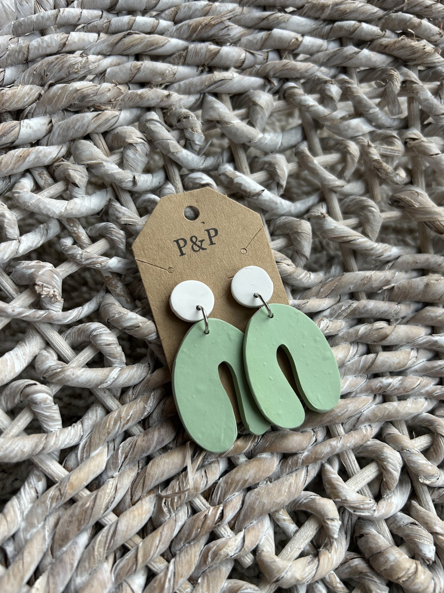 Soft Sage & White - Hand Cut Arch Earring