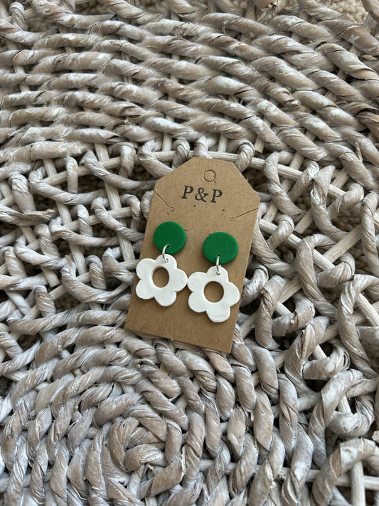 Emerald & White Daisies - Small Clay Earring