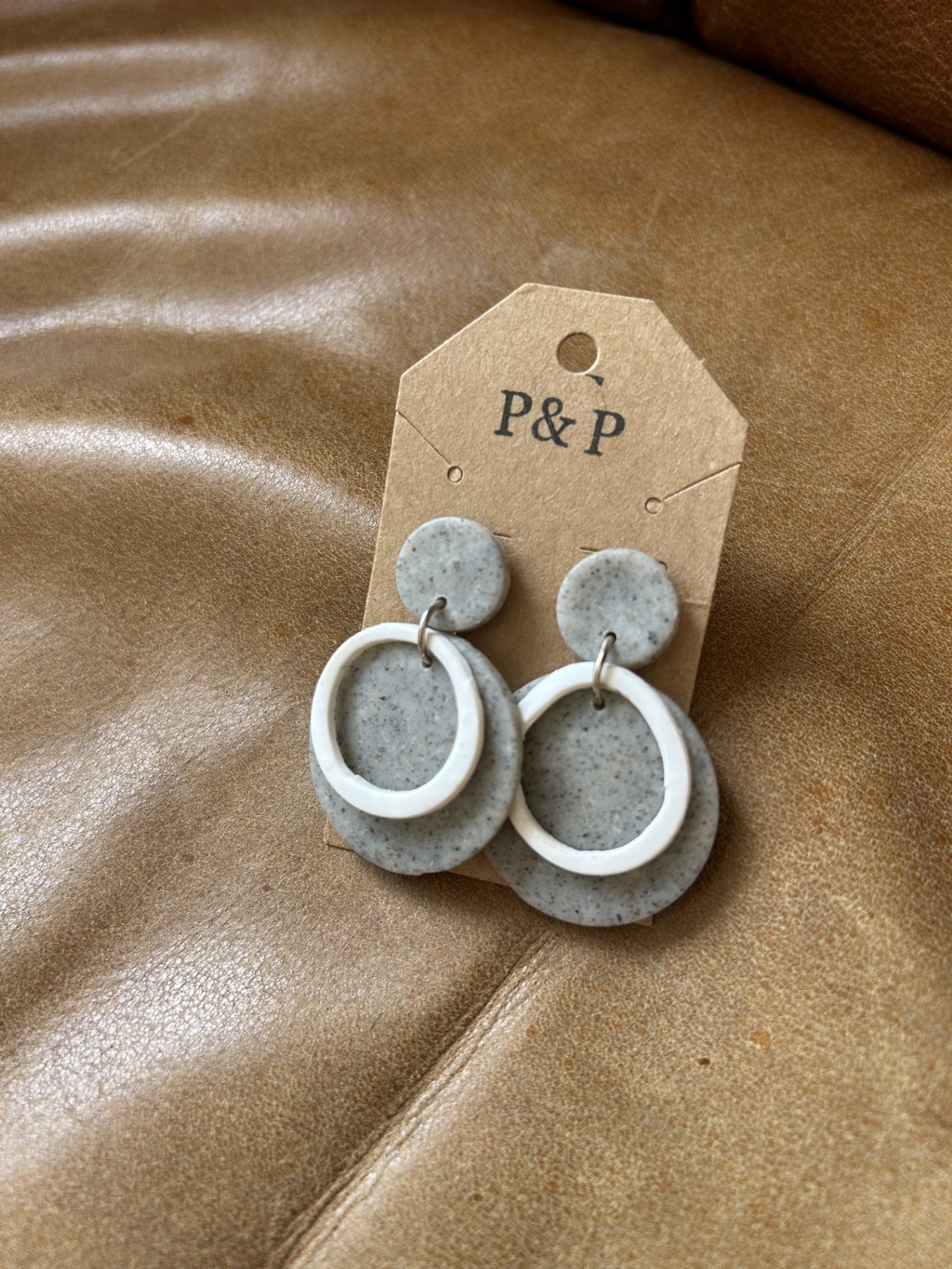Shimmery Gray with White Hoops - Clay Earring